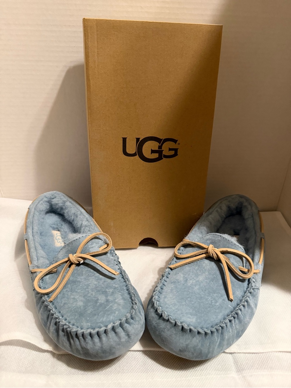 UGG Light Blue Suede Moccasins with Tan Trim